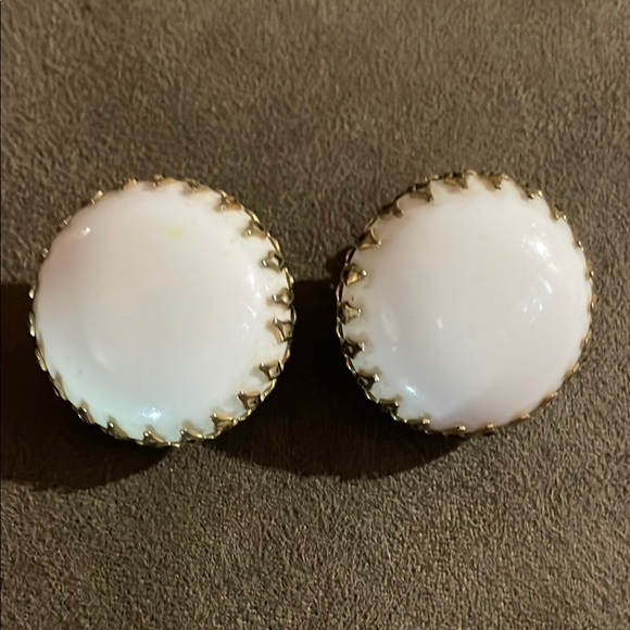 Vintage Pat Pend C. Gold tone and White Clip-On Earrings - Picture 1 of 4